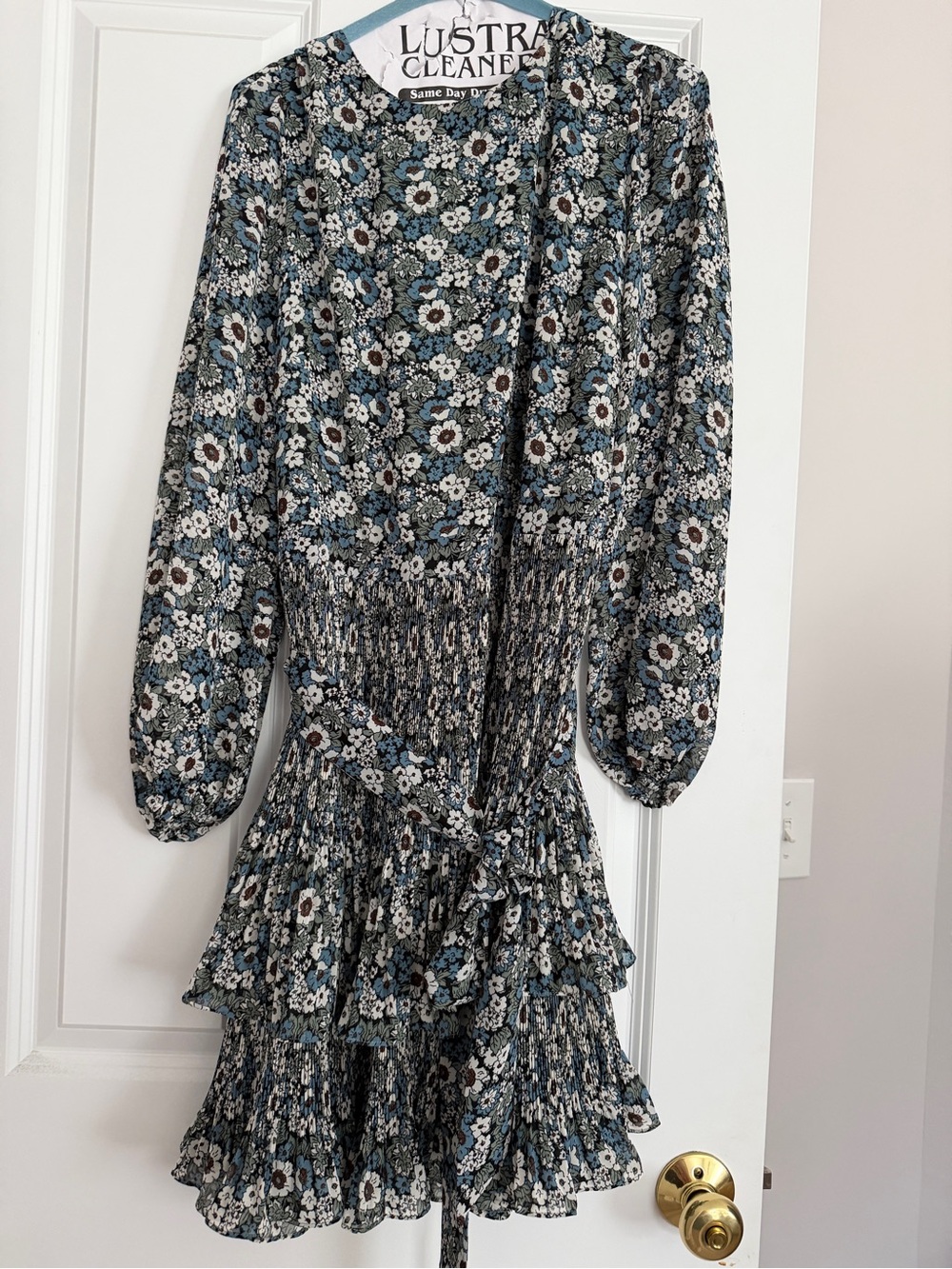 Boden Blue Floral Long-Sleeve Tiered Smocked Waist Dress